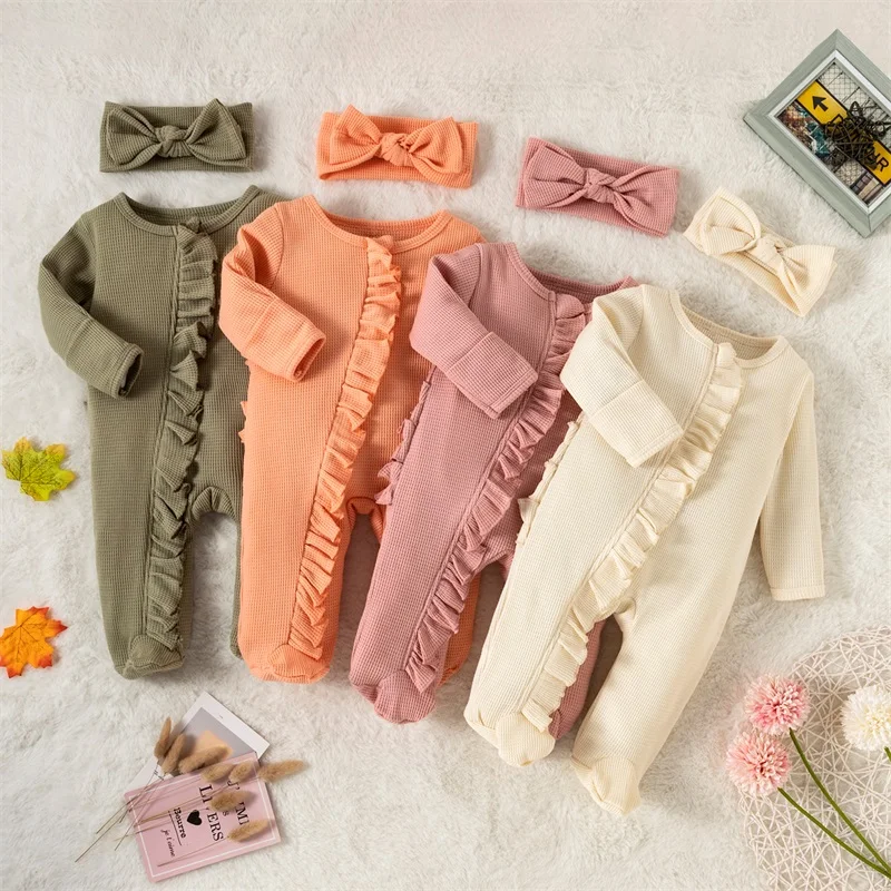 Newborn Baby Girl Boy Footie Romper Coming Home Long Sleeve Ruffle Waffle Knit Zipper  with Headband Outfits images - 6