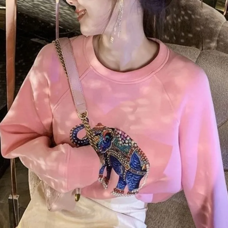 Women's Pullover Solid Color Round Neck Animal Printed Sweatshirts Autumn and Winter 2023 New Long Sleeve Loose Beading Tops