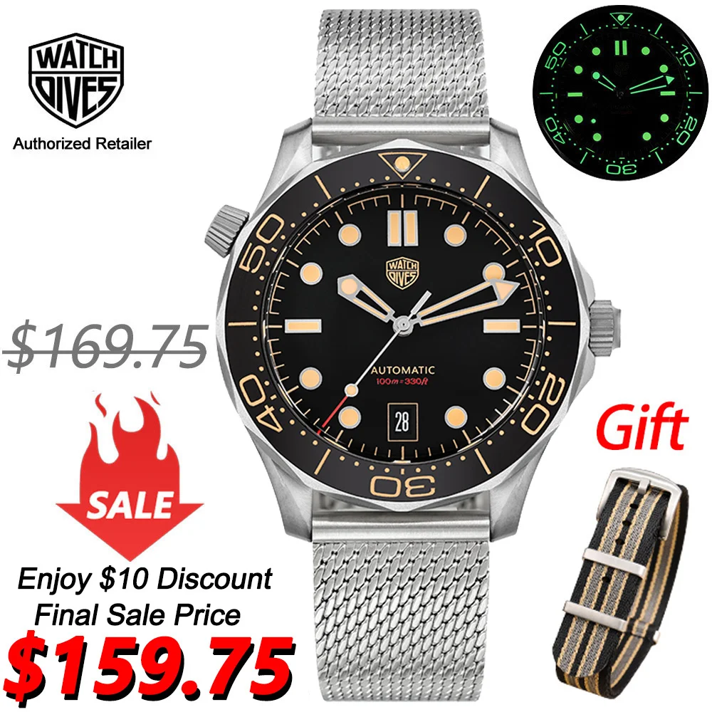 Watchdives WD007 Automatic Watch NH35 Movement 007 NTTD Wristwatch Domed Sapphire Crystal Solid Bracelet C3 luminous Watches