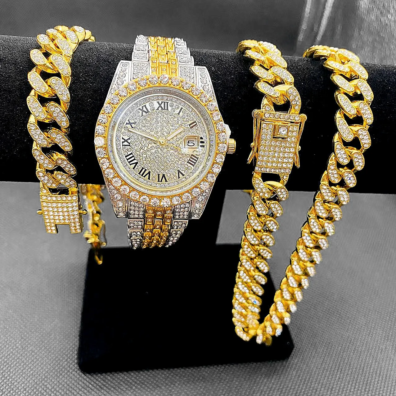 3PCS Full Iced Out Watches Men Cuban Link Chain Bracelet Necklaces Bling Bling Jewelry for Men Gold Watch Hip Hop Mens Watch Set