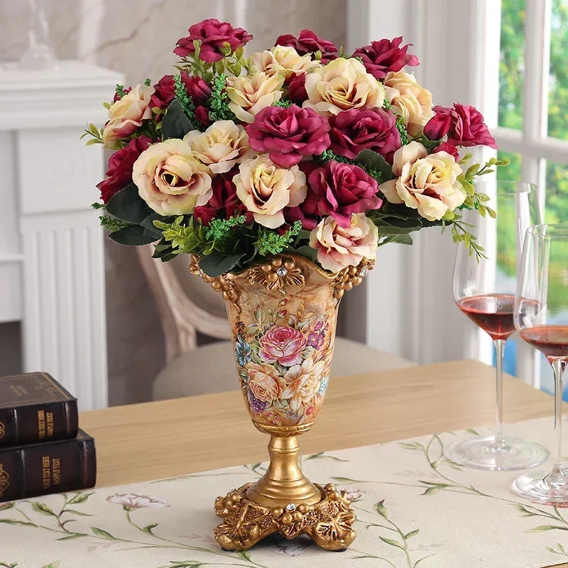 

Luxury European Resin Vase Stereoscopic Dried Fowers Arrangement Wobble Plate Living Room Entrance Ornaments Home Decorations