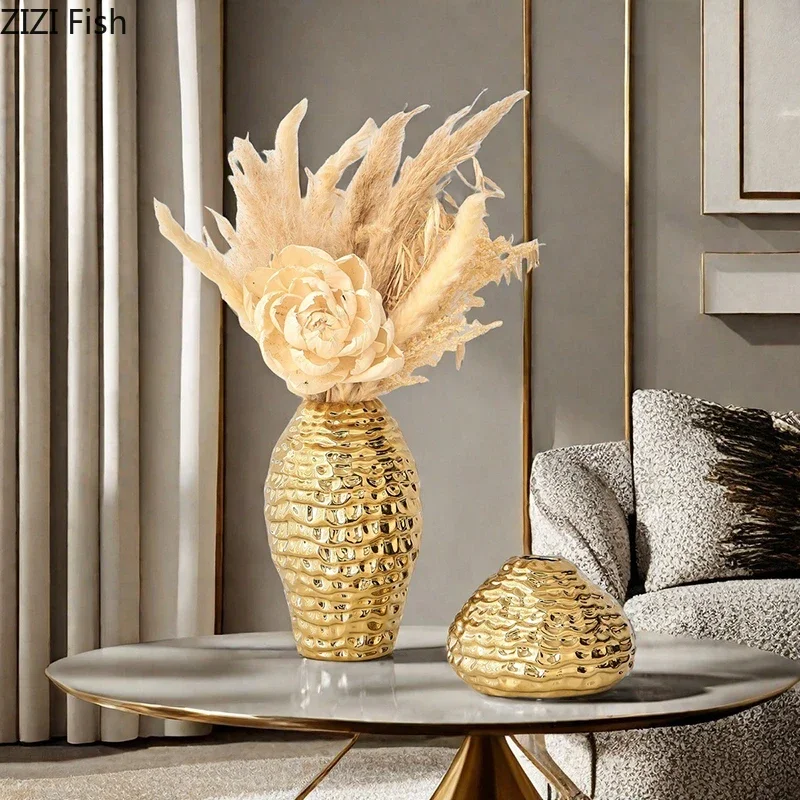Golden Wrinkle Ceramic Vase Flowers Pots Desk Decoration Flower Arrangement Gold-plated Floral Vases Room Aesthetic Decor 2