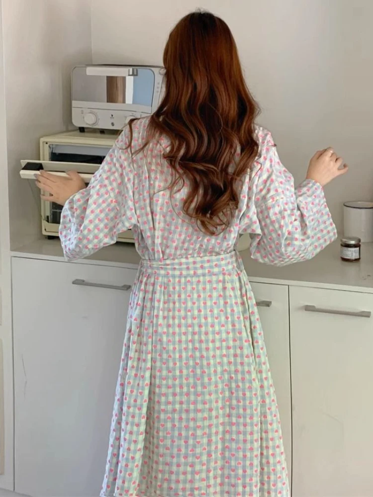 Sweet Heart Plaid Robes Women Autumn Long Bathrobes Japanese Sleepwear Belt Comfortable Loose Chic Female Simple Loungewear