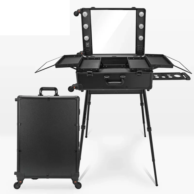 Professional Rolling Cosmetic Case Beauty Makeup Trolley suitcase LED Light Mirror Box Pink Luggage Aluminum frame Folding table travel luggage