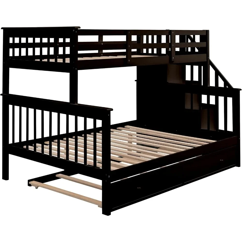Twin Over Full Bunk Bed with Twin Size Trundle,Wooden Bunk Bed with Stairway,Storage and Guard Rail for Kids, Bunk Children Bed 6