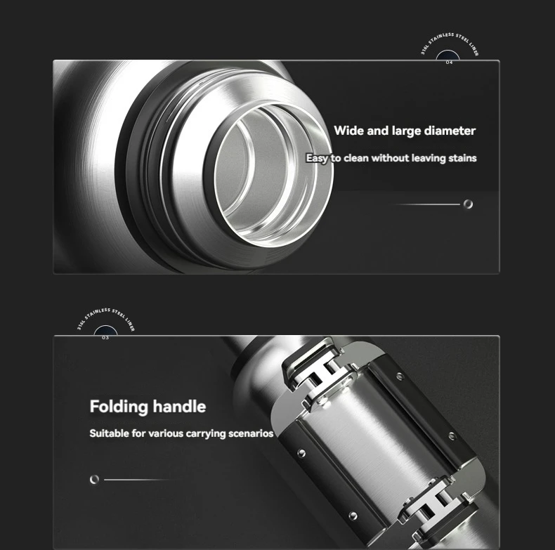 2L/3L Thermos Water Bottle Insulated Hydro Flask With Folding Handle Stainless Steel Outdoor Sports Bottle Hot Water Bottle