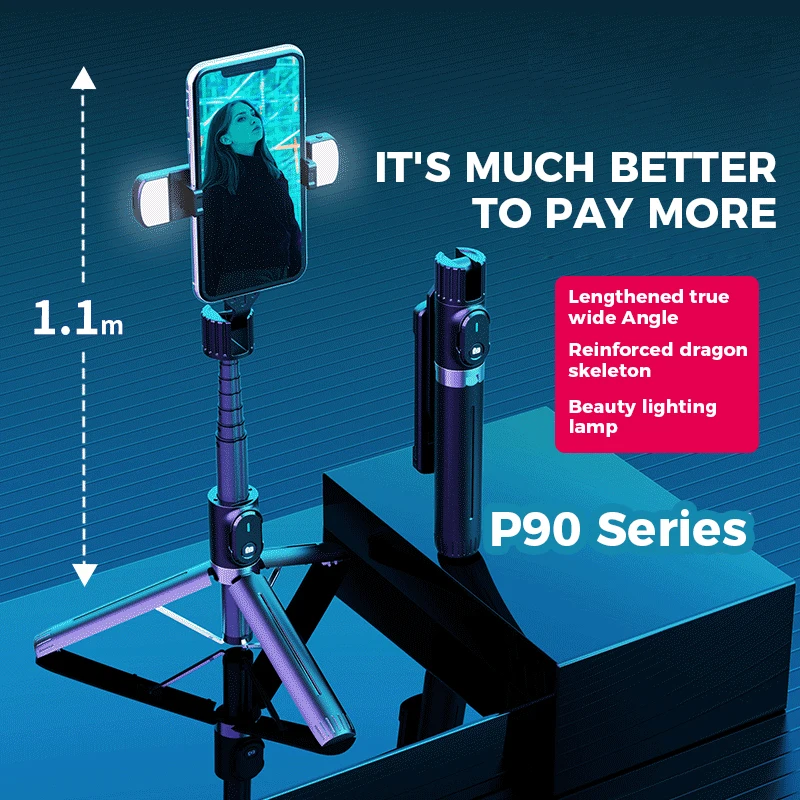 P90 Smart Wireless Charging Selfie Stick 360 Rotation Aluminum Tripod Stand with Remote Control Compatible with All Smartphones