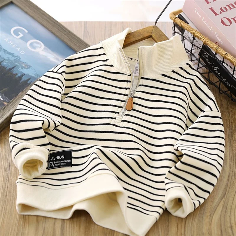 Children Stripes T-shirt Autumn Girls Pullover Tees Big Kids Clothing Lapel Zipper Tops Boys Sportswear Long Sleeved T-shirts 2