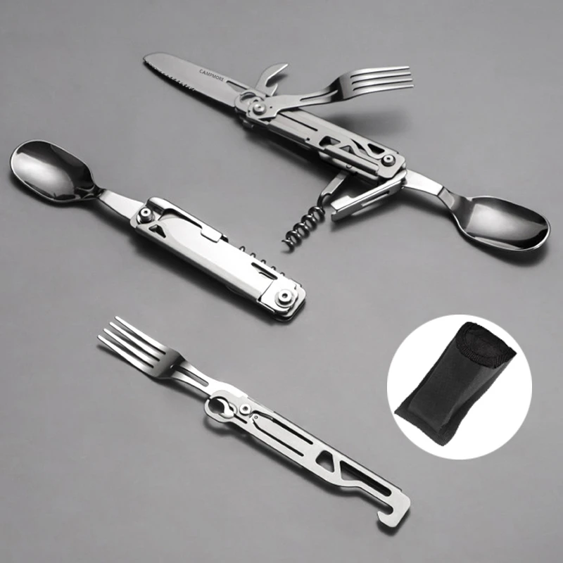JSJM New 420 Stainless Steel Camping Tableware Multifunctional Portable Folding Knife And Fork