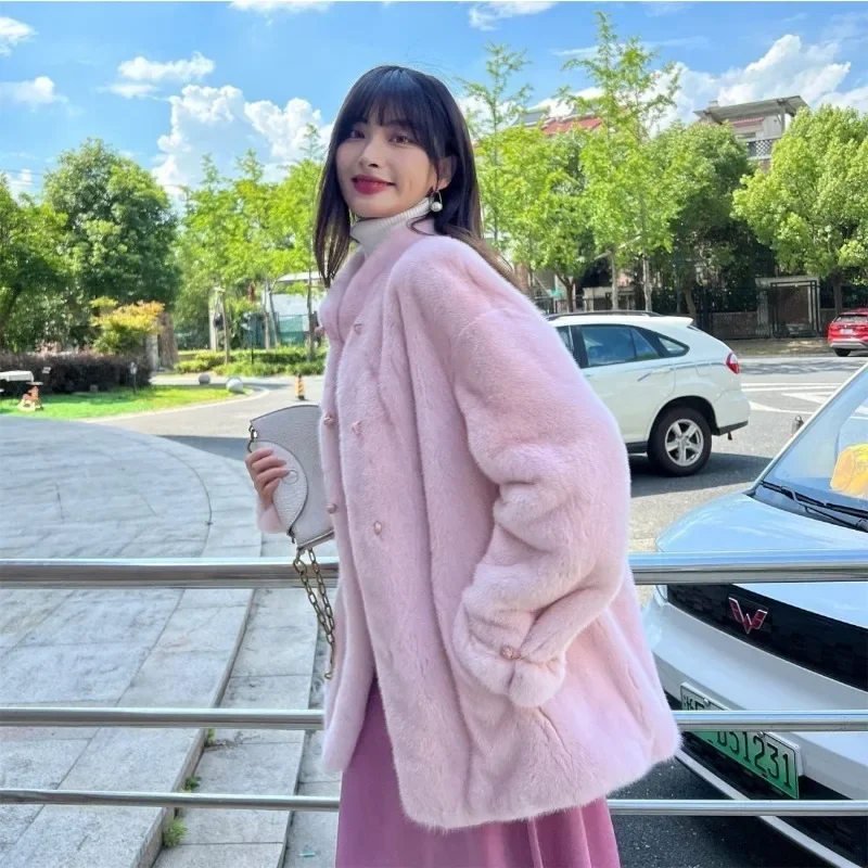 Women Artificial Mink Hair Fur Coat Mid-Length Female Fashion Loose Stand Collar Outcoat Winter New Thicken Warm Casual Outwear