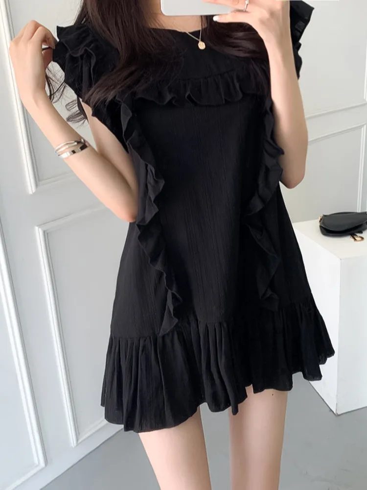 

Black Mini Dress Women Summer Korean Casual Loose Flying Sleeve Ruffle A-Line Short Dress 2 Colors