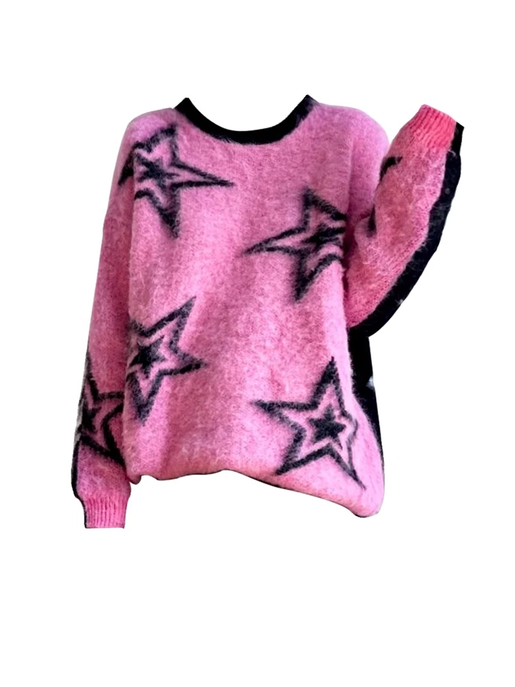 

Autumn Winter Woman Harajuku Gothic Y2k Star Oversize Pullovers Jumper Pink Sweater Grunge Black Knitwears Streetwear Fashion