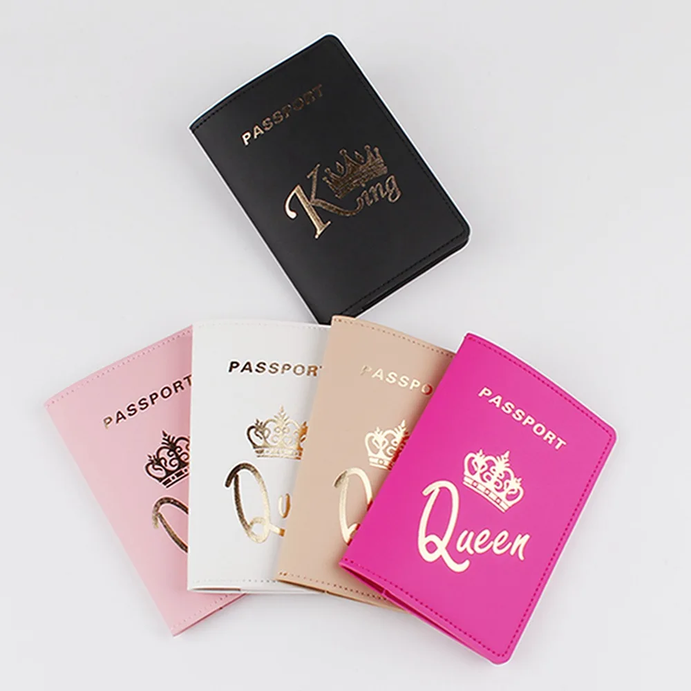 

New Colorful Lover Couple Passport Cover Hot Stamping "KING & QUEEN" Women Men Travel Passport Cover Holder Fashion Wedding Gift