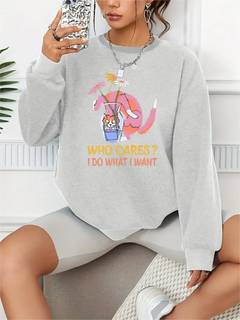 Who Cares Print Pullover Casual Loose Fashion Long-Sleeved Sweatshirt Solid Color Women's Clothing
