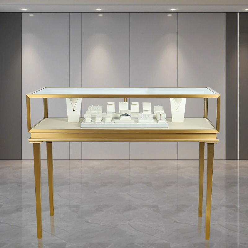 Custom jewelry shop decoration design metal glass displays cabinet LED strip floor standing jewelry kisks showcase furn