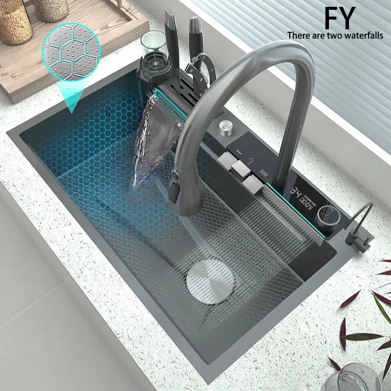 Stainless Steel Kitchen Sink Big Waterfall Sink Super Large Single-slot Household Wash Basin Multi-functional Washing Pond