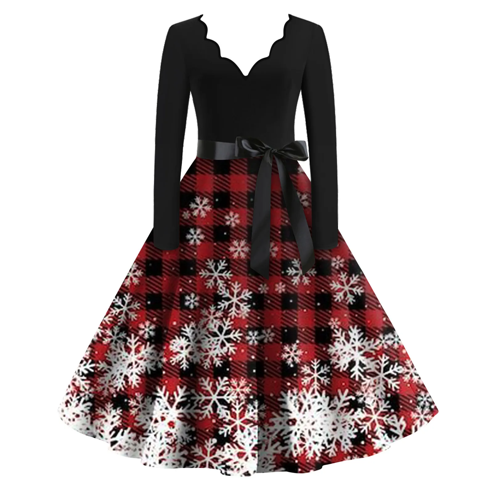 

Christmas Dress Women Snowflake Plaid Print Hem V Neck Long Sleeve Dresses For Women Holiday Party Casual Waist Lace Up Dress