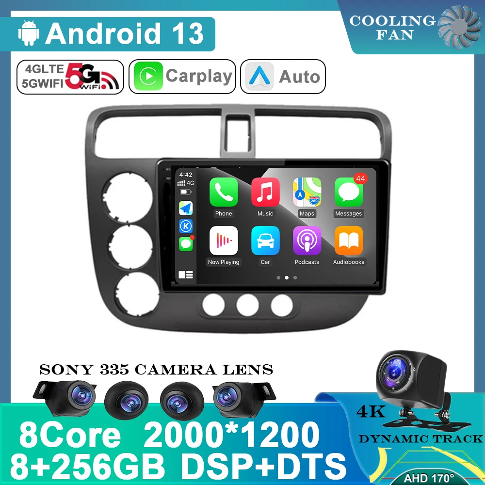 

For Honda Civic 7 2000-2006 Android 13 Autoradio Navigation Multimedia Video Player Car Radio BT Carplay Head Unit NO 2 DIN GPS