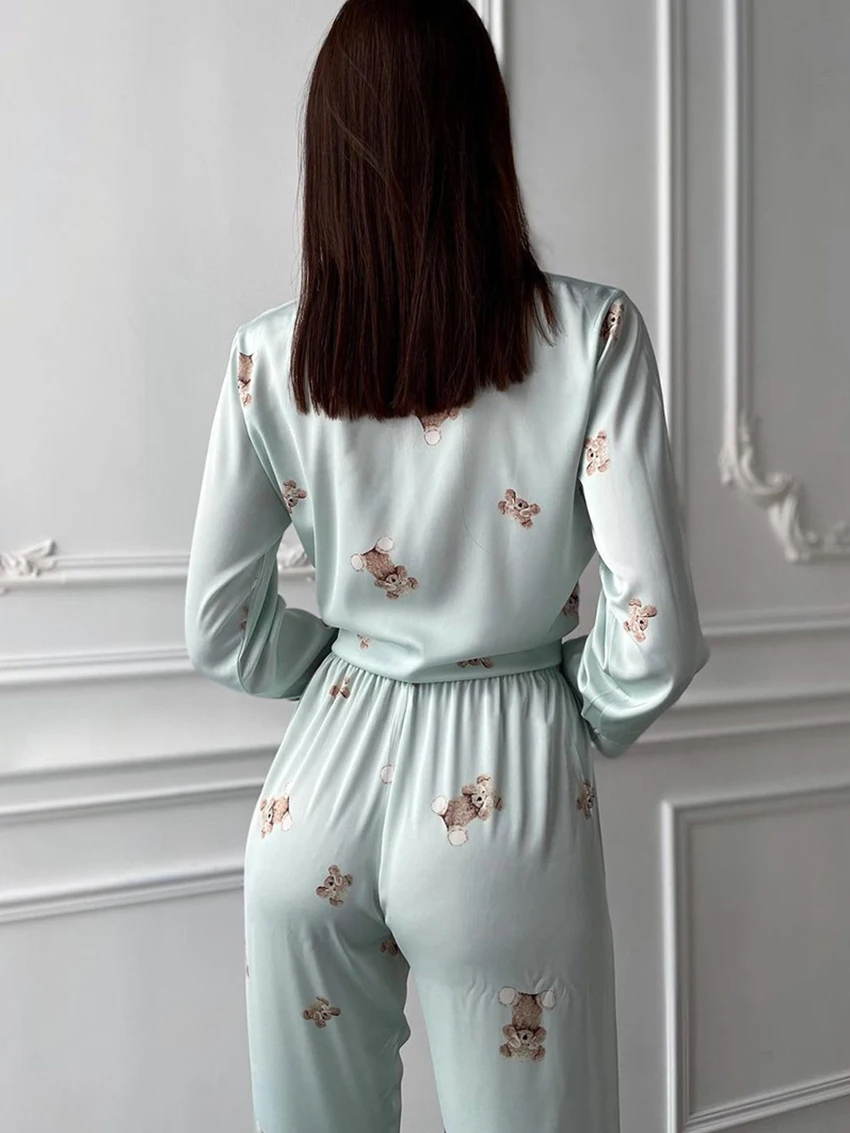 Marthaqiqi Loose Ladies Sleepwear Set Long Sleeve Nightgowns Turn-Down Collar Nightwear Pants Casual Spring Female Home Clothes