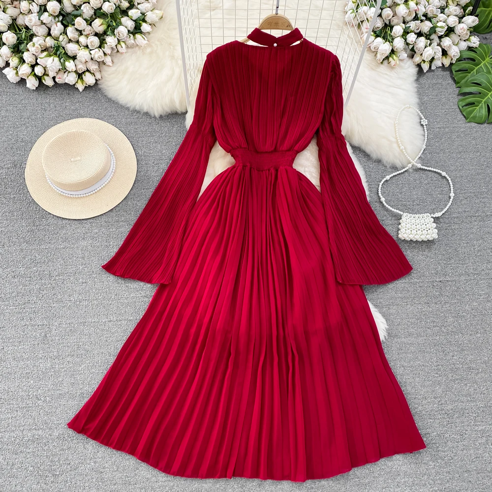 Autumn Flare Sleeve V-neck Midi Dresses for Women Solid Pleated A-line Elegant Party Dress Korean Fashion One Piece Vestidos New