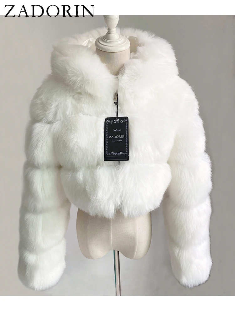 ZADORIN High Quality Hooded Short Faux Fur Coat Woman Clothing