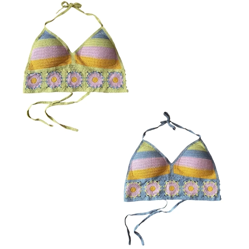 

Women's Crochet Hollow Out Knitted Tops Tie Backless Halter Crop Tops N7YF