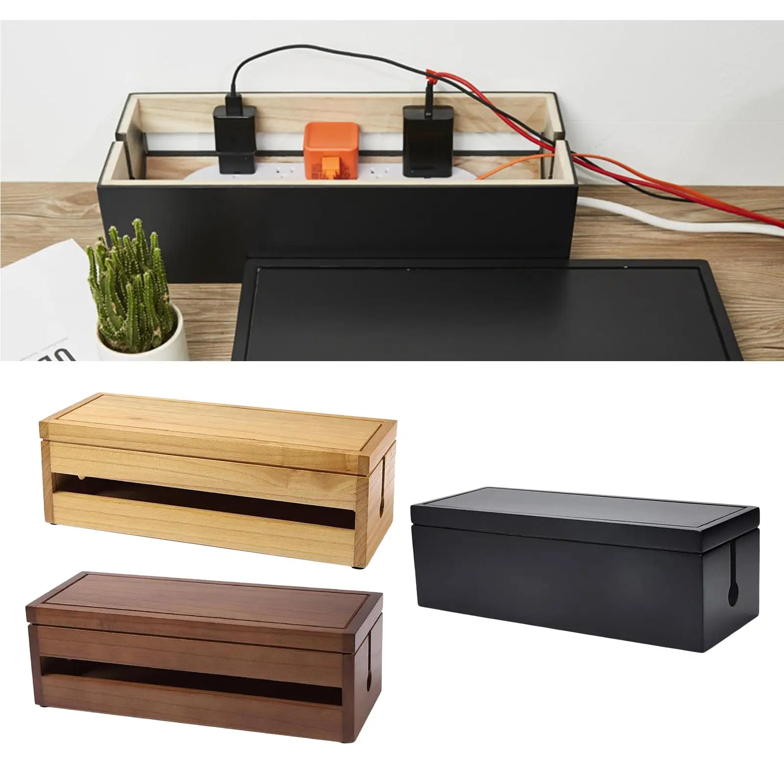 Cable Management Box, 14.8x5.6x4.8 inch, Wooden Case, Cord Organizer for Desk TV