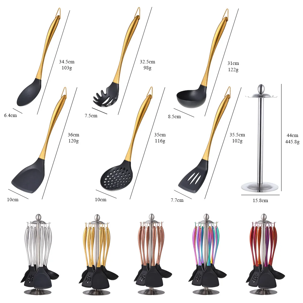 1-7PCS Cooking Tools Set Soup Scoop Slotted Spoon Turner Ladle Stainless Steel Silicone Head Hanging Kitchen Server Pot