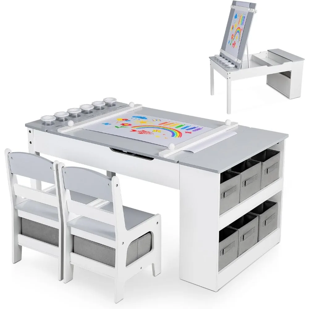3 in 1 Kids Art Table & Easel Chair Set, Wood Children Activity Table, 6 Storage Bins, Paper Roll, Paint Cups, Playroom