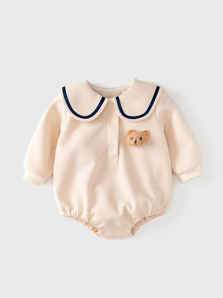 

insBaby Jumpsuit Spring New0-2Year-Old Bear Male and Female Baby Clothes Long Sleeve Sailor Collar Onesie