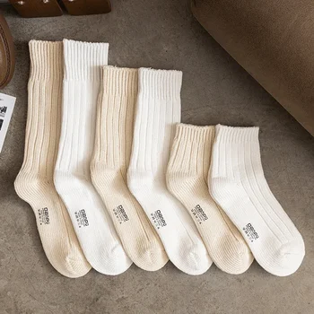 100% Cotton Pure Color Knitted Coarse Line Socks Mid-calf Retro High-calf Men Women Couple Hong Kong Style Long Socks