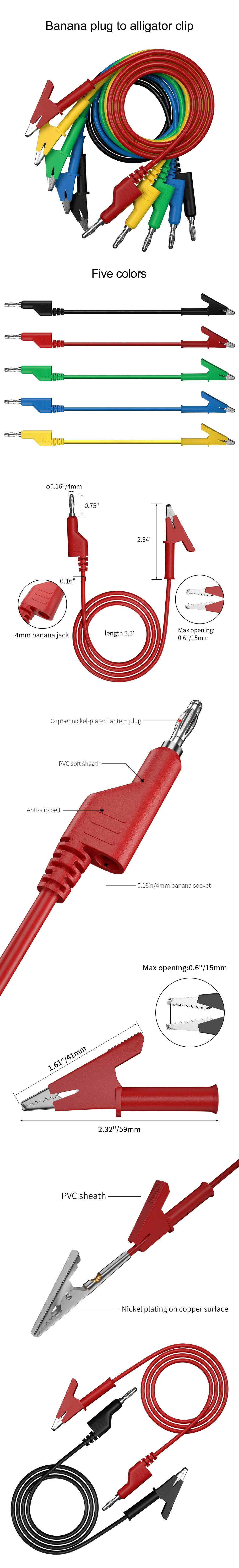 QSS 100 cm 5 Stück 4 mm stapelbarer Bananenstecker auf Krokodilklemme, Multimeter-Messleitungen, Kabel, Draht, Elektrowerkzeuge, Zubehör – Detail 1