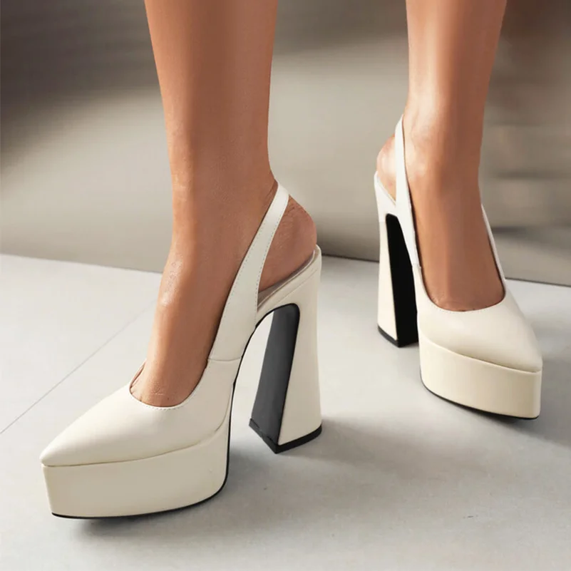 Women Slingbacks Pu Leather Sandals Platform Super High Hoof Heels Pointed Toe Sexy Party Summer Shoes 35-43