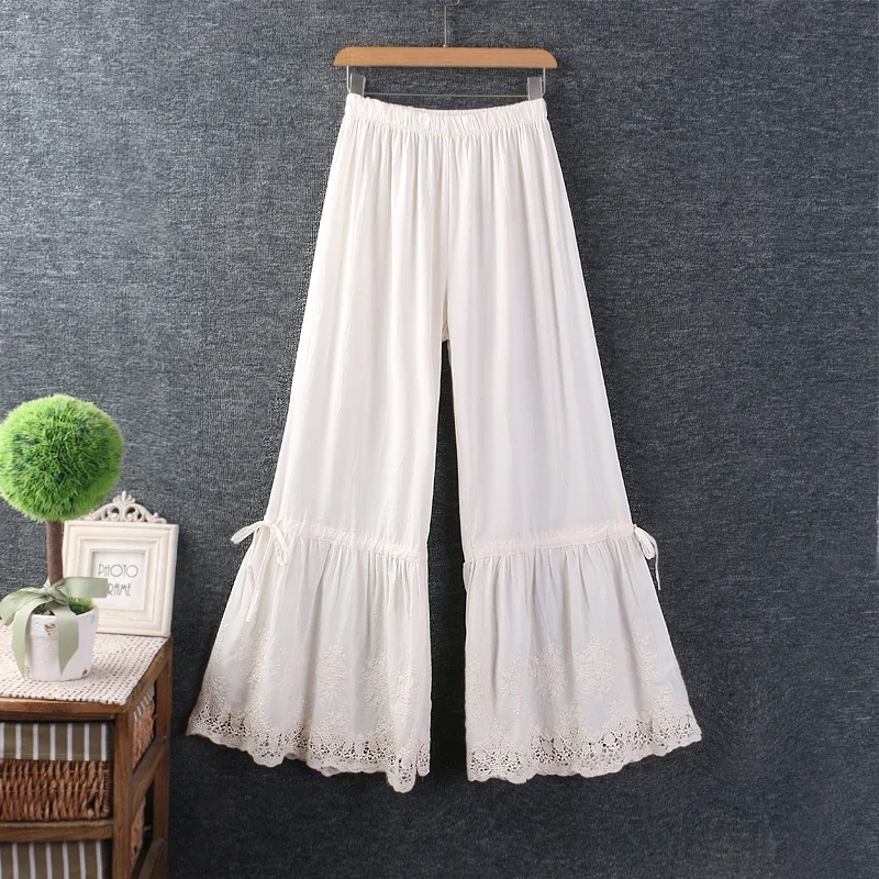 Summer Japan Style Mori Girl Embroidery Cotton and Linen Wide Leg Pants Women Elastic Waist Casual Loose Vintage Pants