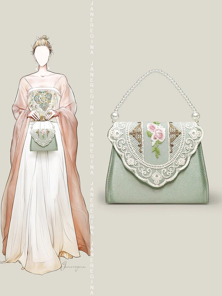 

Hxl Satin Embroidered Hanfu Bag Chinese Style Banquet Bag Pearl Chain Handbag