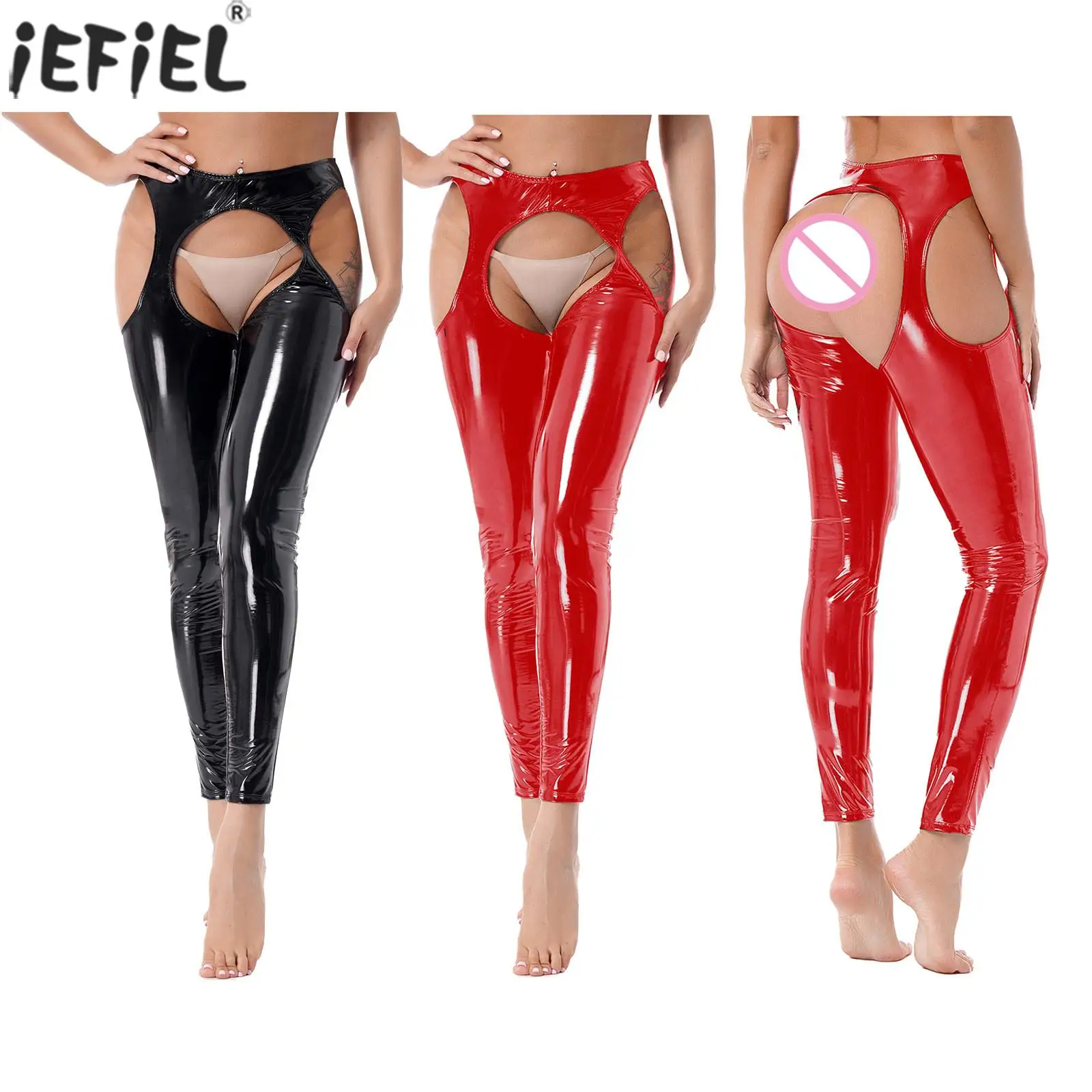 

Womens Sexy Glossy Patent Leather Pants Crotchless Open Butt Skinny Erotic Tight Pole Dance Trouser High Waist Cutout Leggings