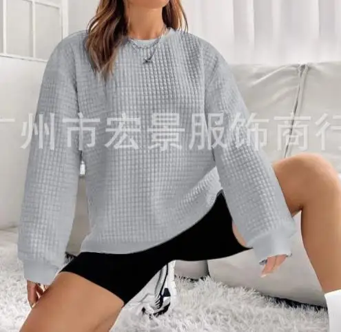 

Fashion Women's New Hot Selling 2023 Waffle Long Sleeve Drop Shoulder Loose Casual Round Neck Sweater