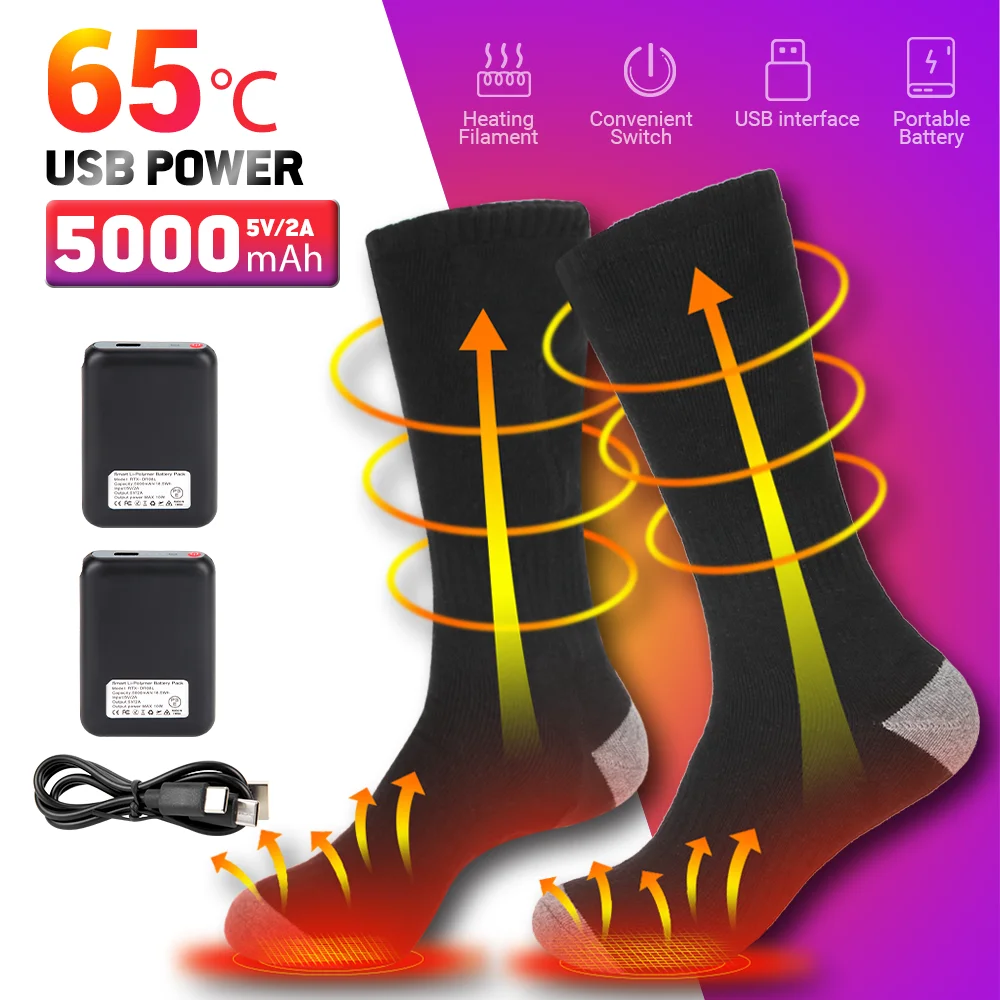Heated Socks Winter Warmth 65℃ USB Rechargeable 5000mAh Heating Socks Outdoor Motorcycle Boots Snowmobile Skiing Heated Sock