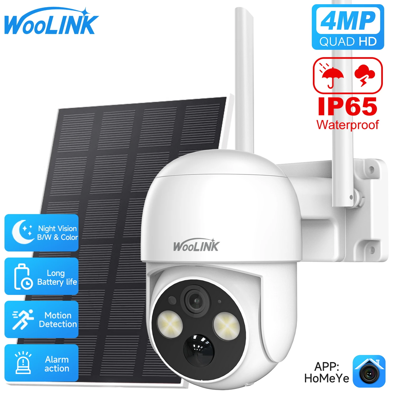 WOOLINK 4MP Solar Security Camera Wireless 2.5K Rechargeable Home Security Camera HD Surverillance Protection 360°Pan/Tilt