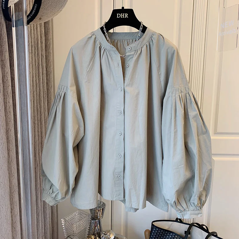 

Solid Retro French Fold Puff Sleeve Loose O Neck Shirt Doll Splicing Fashion Office Lady Women Tops Y881