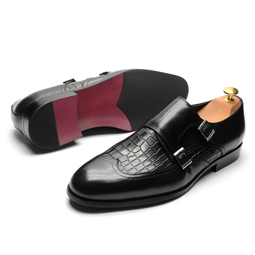 Natural Cow Leather Elegant Man Dress Shoes Stone Pattern Print Monk Double Buckle Strap and Cap Toe Business Party Social Shoes