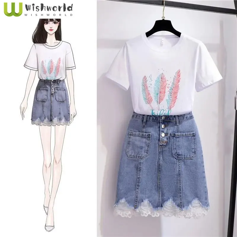 Korean Letter Printing Chrysanthemum Short-sleeved T-shirt Lace Denim Skirt Two-piece Elegant Women's Pants Set Summer Outfits