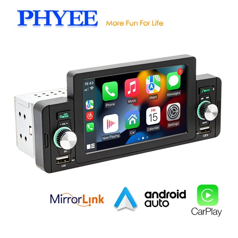 1 Din 5" Car Radio Apple CarPlay Android Auto, Hands-Free Bluetooth 5.1, Reversing Camera Input USB/FM/MP5 Player Headunit F160C