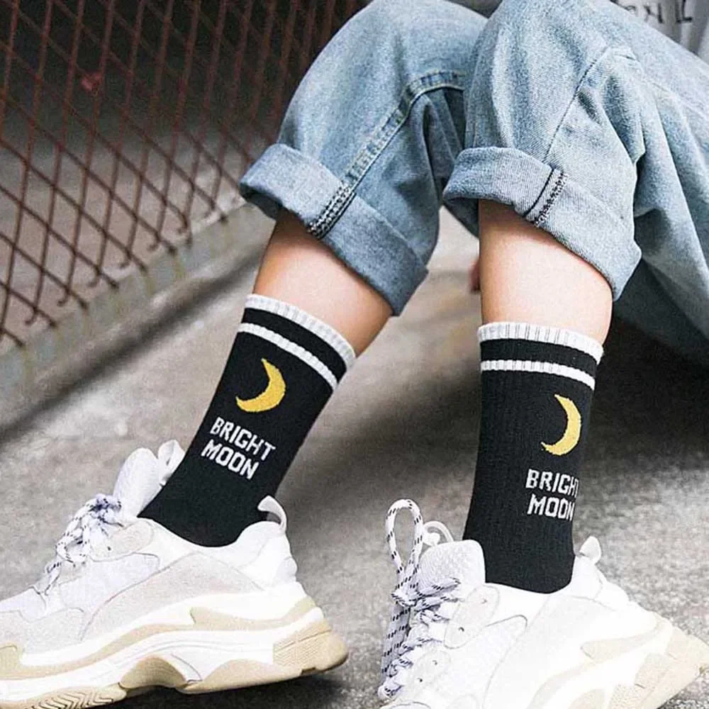 Cotton Crew Socks for Men and Women with New Moon Letters Stripes Print