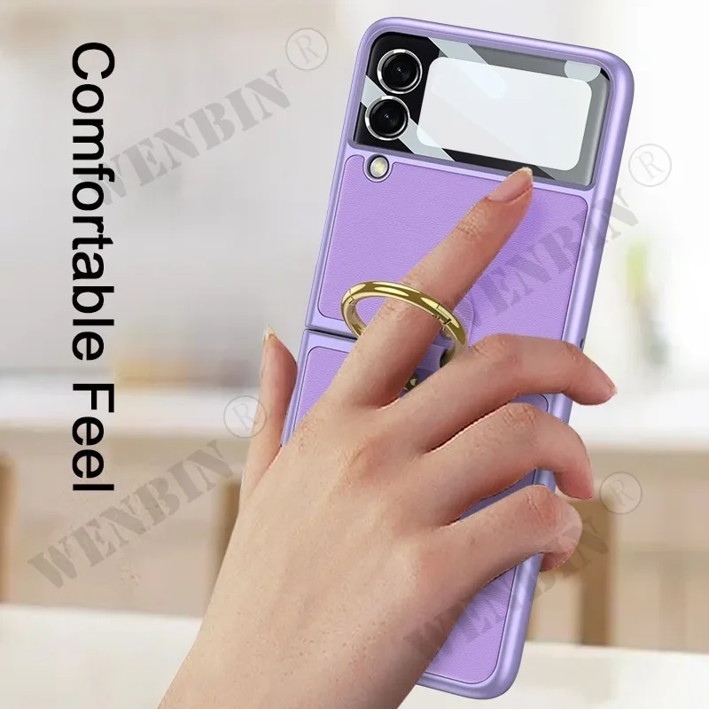 Finger Ring Capa For Samsung Z Flip 5 4 3 5G Case Luxury Leather With Camera Lens Protector Glass Phone Case Cover