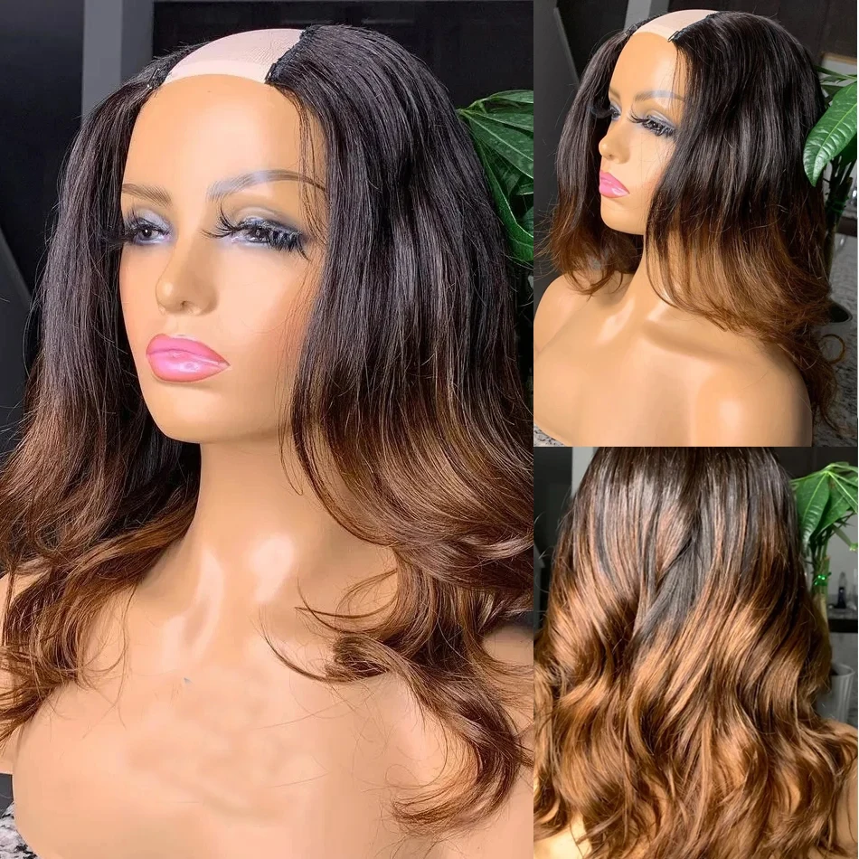 

Black Brown Highlight Body Wavy V Part Wig No Lace Unprocessed Virgin Human Hair U Part Wig Glueless 1x4 Middle Shaped