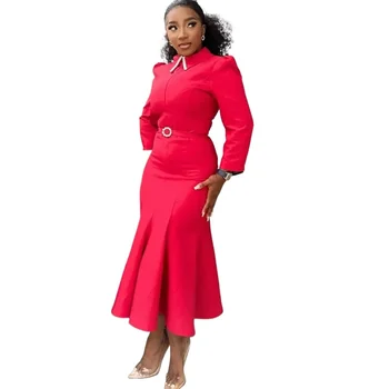 Abito da ufficio elegante con colletto polo da donna, manica lunga, vita alta, autunno inverno, tinta unita, abbigliamento da lavoro per pendolarismo