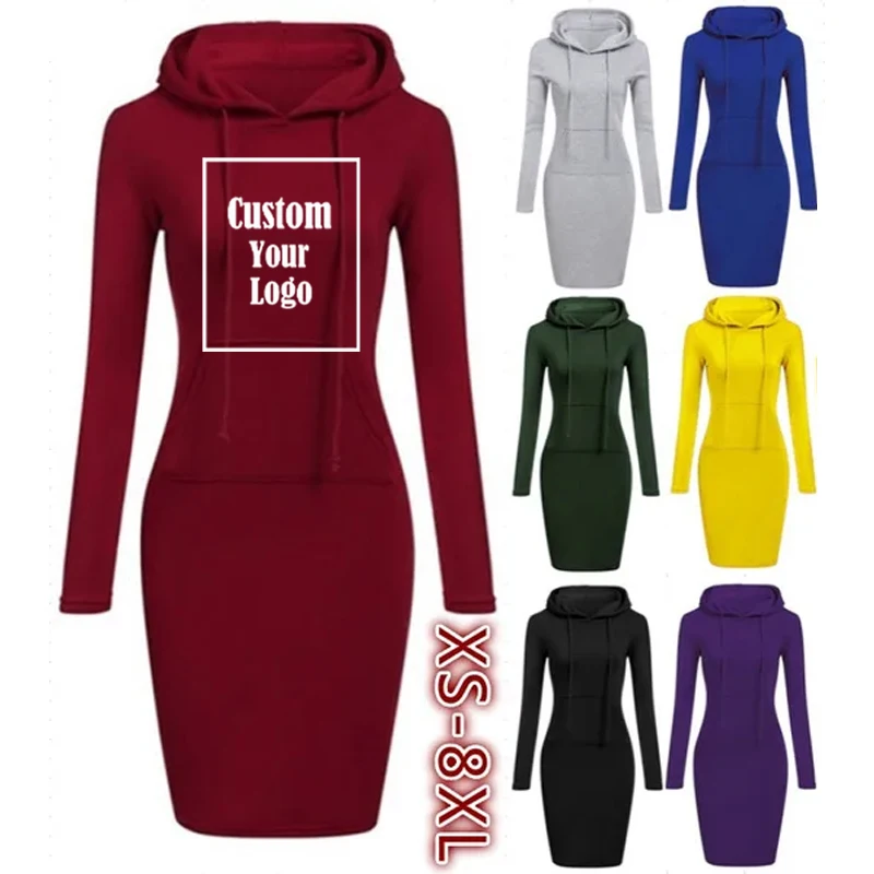 

Retro Bodycon Autumn Fashion Mini Dresses Women Pockets Hooded Casual Dress Customize Your Logo Print Long Sleeve Sweatshirt