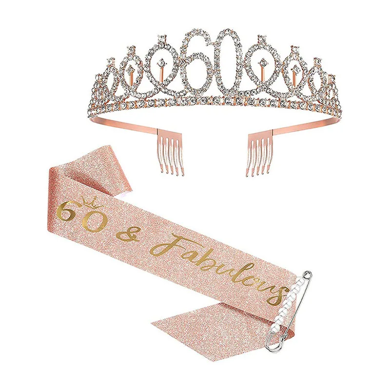 Rose Gold Sash Crown for Birthday Women Fabulous 30 40 50 60 70 80th Sashes+Crystal Tiara Aldult Anniversary DIY Decor | Дом и сад
