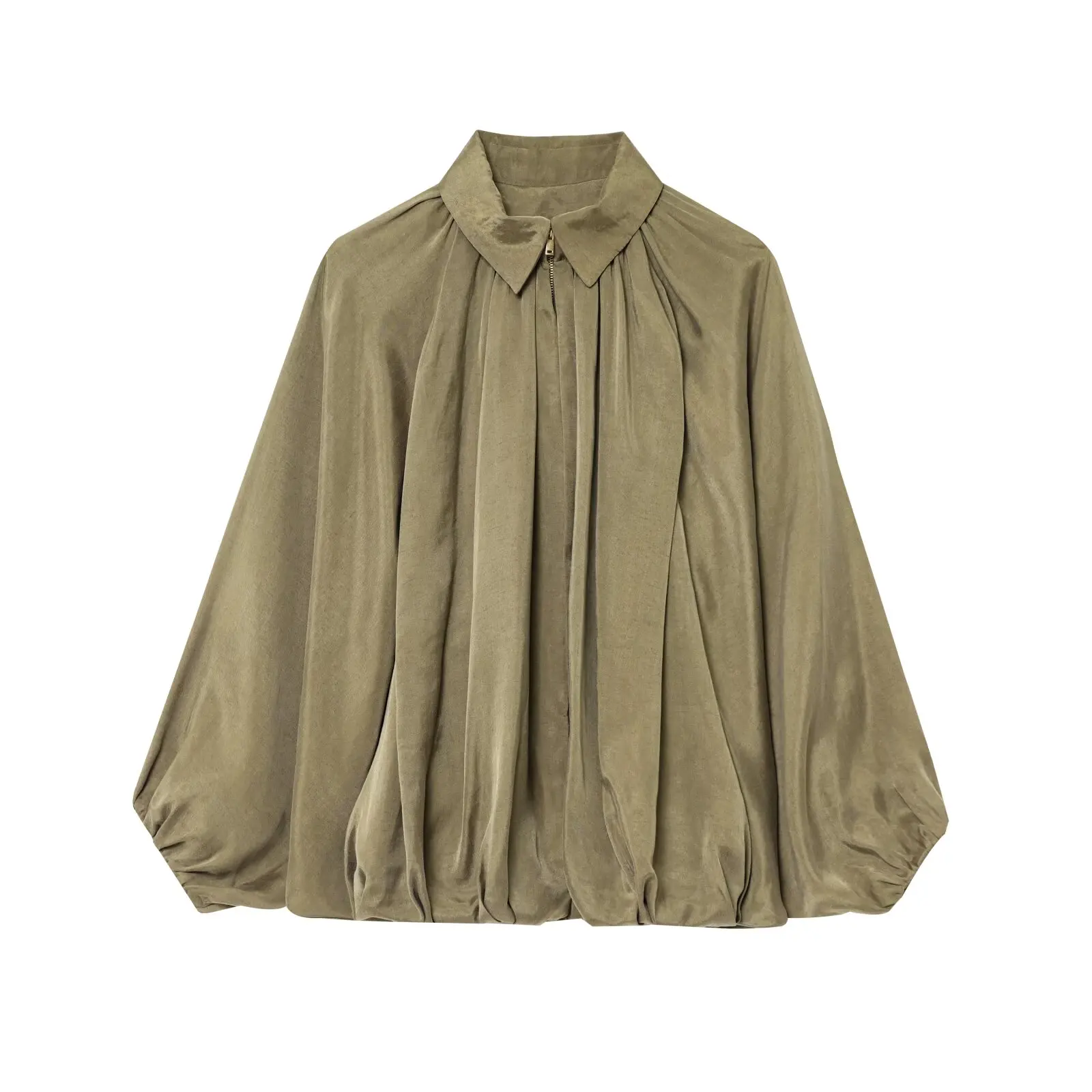 Khaki green ver2 lapel zipper draped pleats